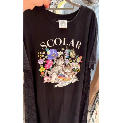 Scolar貓野餐圖案拼接蕾絲短袖洋裝