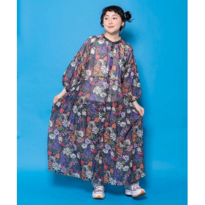 Scolar花卉貓咪圖案薄紗多層襯衫裙