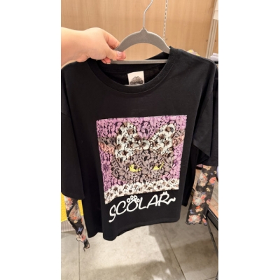 Scolar貓咪圖案薄紗拼接假兩件長袖上衣