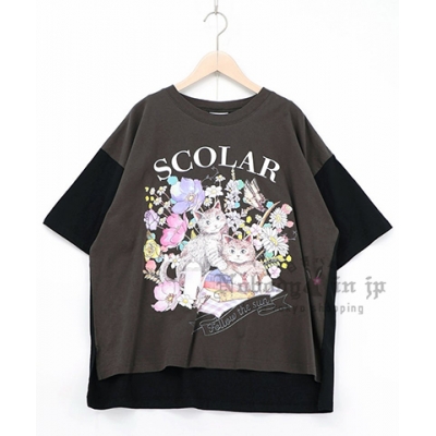 Scolar花與貓野餐拼色袖五分袖上衣